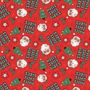 Small Scale Holly Jolly Vibes Retro Santa Claus Groovy Holiday Smile Face Daisies and Christmas Trees