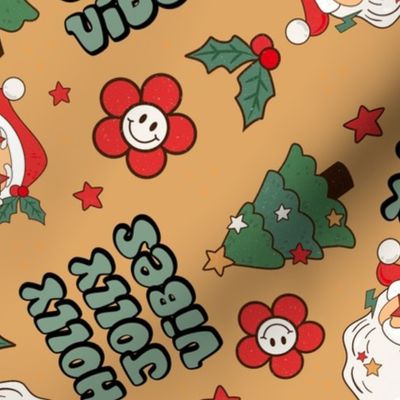 Large Scale Holly Jolly Vibes Retro Santa Claus Groovy Holiday Smile Face Daisies and Christmas Trees