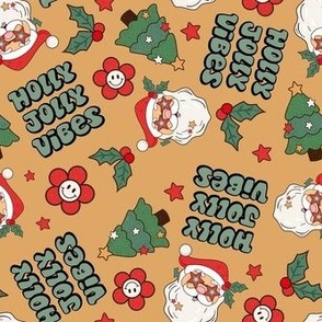 Medium Scale Holly Jolly Vibes Retro Santa Claus Groovy Holiday Smile Face Daisies and Christmas Trees