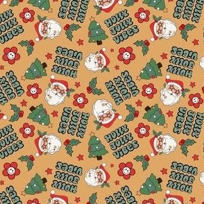 Small Scale Holly Jolly Vibes Retro Santa Claus Groovy Holiday Smile Face Daisies and Christmas Trees