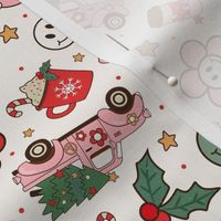 Medium Scale Groovy Christmas Smile Face Santa Claus Retro Pink Truck Trees Daisy Flowers 