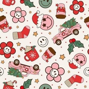 Medium Scale Groovy Christmas Smile Face Santa Claus Retro Pink Truck Trees Daisy Flowers 