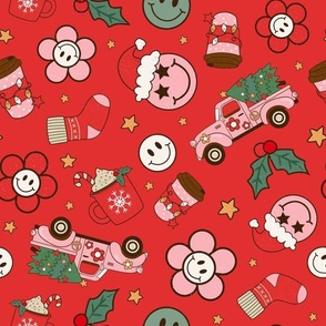 Large Scale Groovy Christmas Smile Face Santa Claus Retro Pink Truck Trees Daisy Flowers 