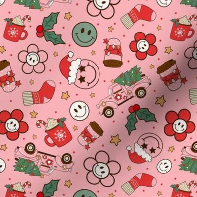 Medium Scale Groovy Christmas Smile Face Santa Claus Retro Pink Truck Trees Daisy Flowers