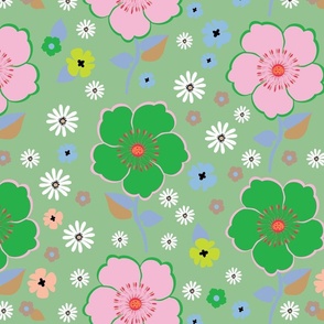 Retro flowers on green background, pink and green flowers
