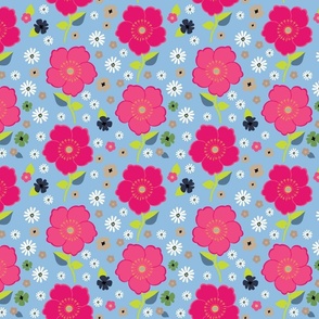 Retro pink flowers on blue background