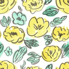 yellow green sketchy retro florals on white