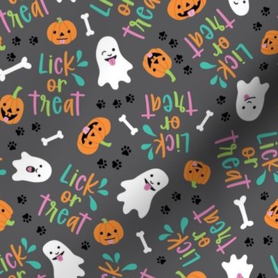 Lick or Treat, Halloween Dog Fabric - Gray, Medium Scale