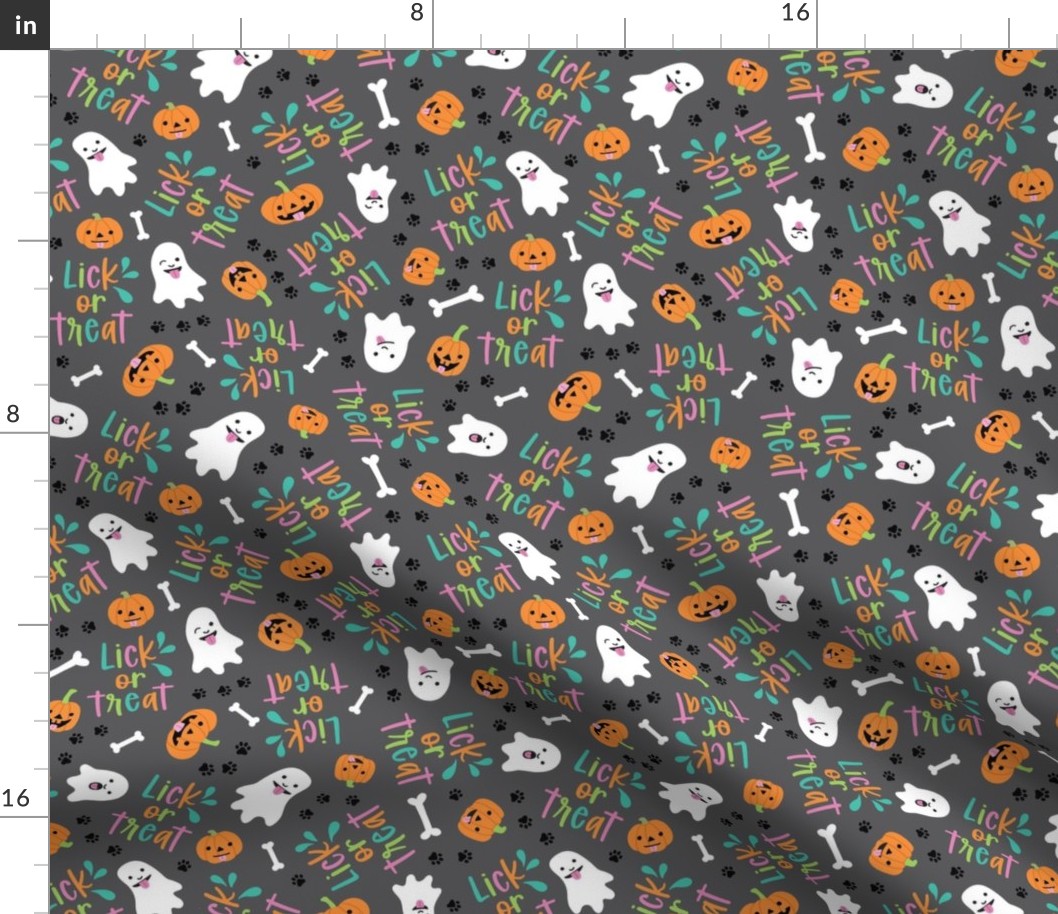 Lick or Treat, Halloween Dog Fabric - Gray, Medium Scale
