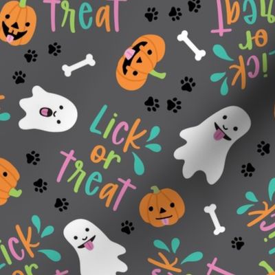 Lick or Treat, Halloween Dog Fabric - Gray, Large Scale
