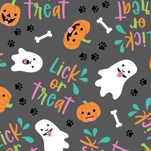 Lick or Treat, Halloween Dog Fabric - Gray, Large Scale