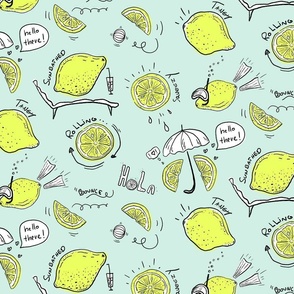 Fun Sketched Lemons on Vacation with mint green background