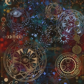 Zodiac - Red cosmic - All seing eye - Star chart- Gold Circles