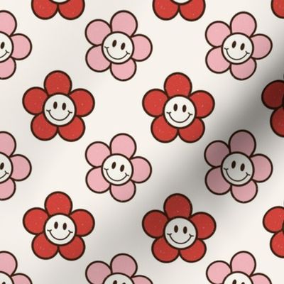 Medium Scale Groovy Christmas Coordinate Red and Pink Smile Face Daisy Flowers