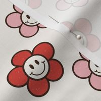Medium Scale Groovy Christmas Coordinate Red and Pink Smile Face Daisy Flowers