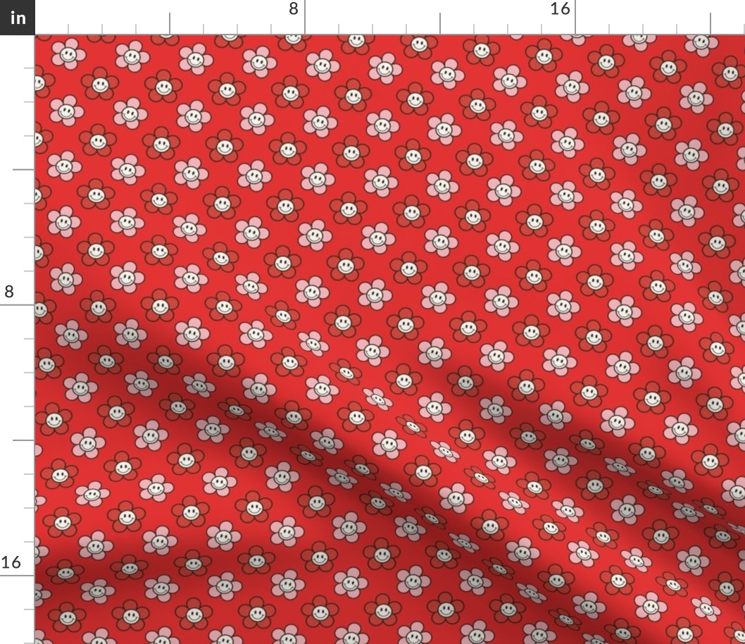 Small Scale Groovy Christmas Coordinate Red and Pink Smile Face Daisy Flowers