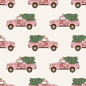 Large Scale Groovy Holiday Retro Pink Trucks and Christmas Trees