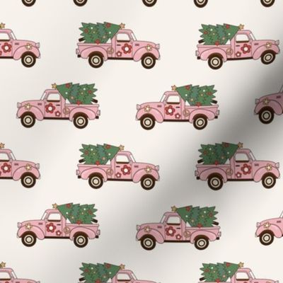 Medium Scale Groovy Holiday Retro Pink Trucks and Christmas Trees