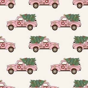 Medium Scale Groovy Holiday Retro Pink Trucks and Christmas Trees