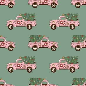 Large Scale Groovy Holiday Retro Pink Trucks and Christmas Trees