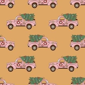 Medium Scale Groovy Holiday Retro Pink Trucks and Christmas Trees