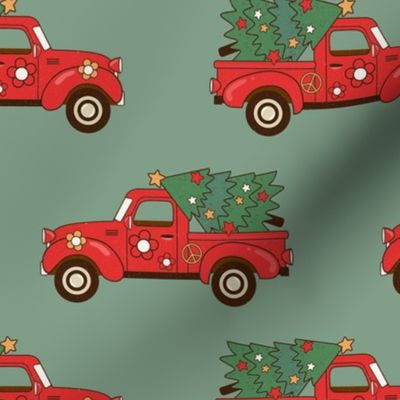 Large Scale Groovy Holiday Retro Red Trucks and Christmas Trees