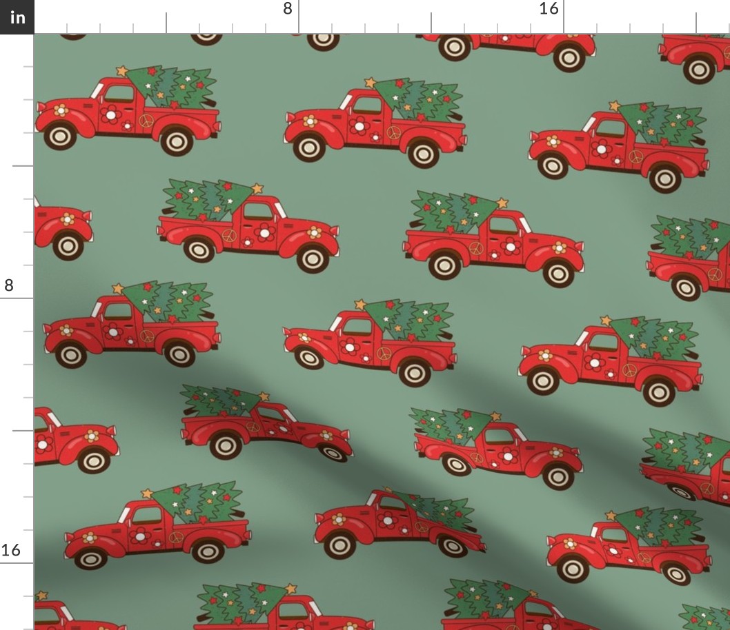 Large Scale Groovy Holiday Retro Red Trucks and Christmas Trees