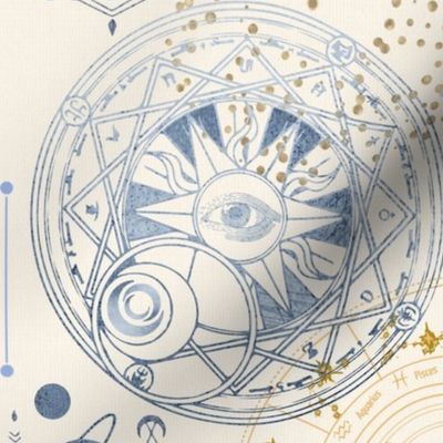 Zodiac - White cosmic - All seing eye - Star chart- Gold Circles