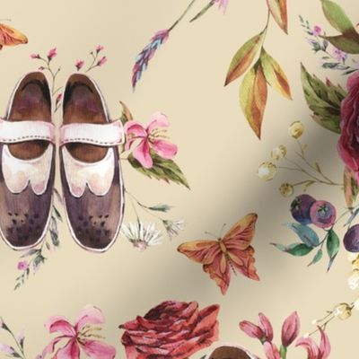 Watercolor vintage oxford shoes with flowers, beige neutral