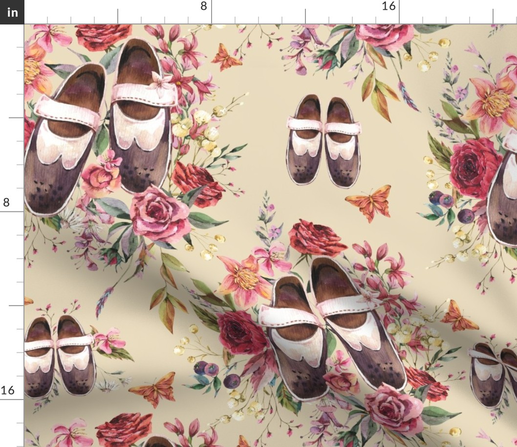 Watercolor vintage oxford shoes with flowers, beige neutral