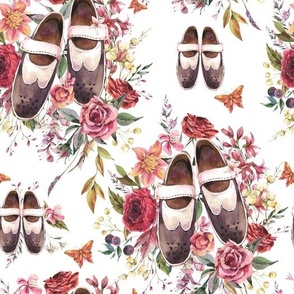 Vintage Oxford shoes and wildflowers on white, Watercolor