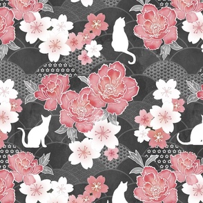 Oriental Cats pink on dark grey