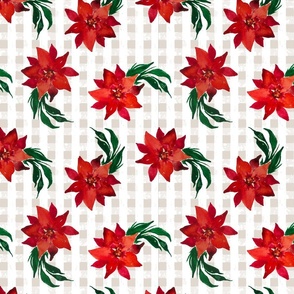 Vintage Christmas Holiday Poinsettias  - Noel Print - Offwhite Gingham Check Background 