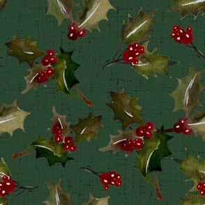 Vintage Christmas Holly with berrys - Green Background