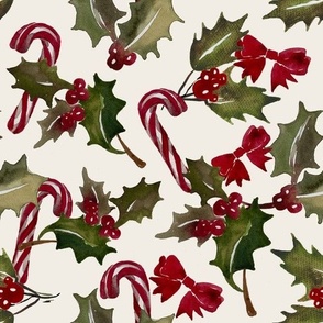 Vintage Christmas Holly with berrys and candy cans - Offwhite  Background
