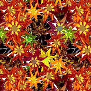 Exotic flowers, red, yellow, rosewood on rusty brown autumn fall leaves small