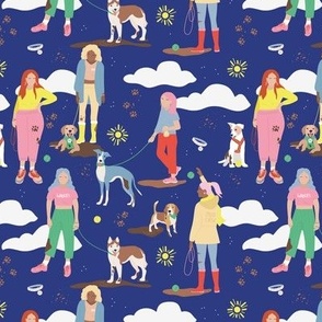 Sunday is for extra long dog walks - dogs and puppies beagle golden retriever husky and whippet on leashes and collars sunshine day nineties palette pink green yellow on classic blue