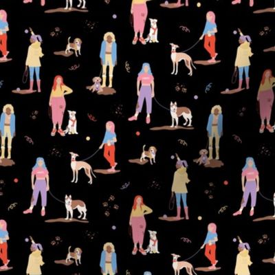 Muddy walkies - dog walking girls with beagle golden retriever puppy husky and whippet dogs on leashes with mud paws and balls bright blue pink red on black vintage palette