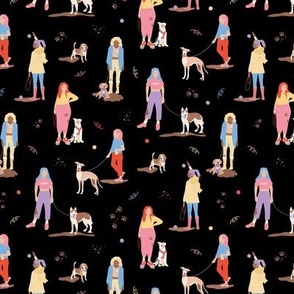 Muddy walkies - dog walking girls with beagle golden retriever puppy husky and whippet dogs on leashes with mud paws and balls bright blue pink red on black vintage palette