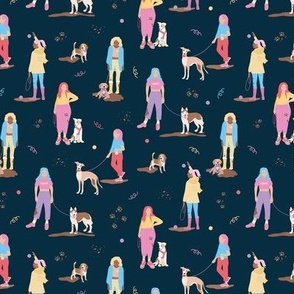 Muddy walkies - dog walking girls with beagle golden retriever puppy husky and whippet dogs on leashes with mud paws and balls bright teal pink lilac on navy blue