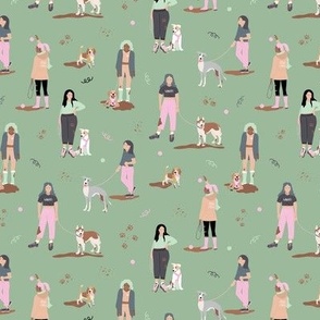 Muddy walkies - dog walking girls with beagle golden retriever puppy husky and whippet dogs on leashes with mud paws and balls vintage pink mint green on sage