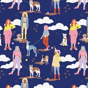Sunday is for extra long dog walks - dogs and puppies beagle golden retriever husky and whippet on leashes and collars animals stroll lilac pink on blue 