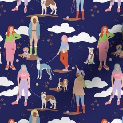 Sunday is for extra long dog walks - dogs and puppies beagle golden retriever husky and whippet on leashes and collars animals stroll lilac green pink on navy blue