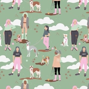 Sunday is for extra long dog walks - cloudy day dogs and puppies beagle golden retriever husky and whippet on leashes and collars animals stroll pink mint sage green gray vintage palette