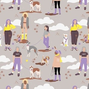 Sunday is for extra long dog walks - cloudy day dogs and puppies beagle golden retriever husky and whippet on leashes and collars animals stroll modern yellow lilac on gray