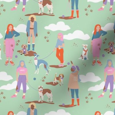 Sunday is for extra long dog walks - cloudy day dogs and puppies beagle golden retriever husky and whippet on leashes and collars animals stroll orange pink lilac on mint green