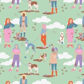 Sunday is for extra long dog walks - cloudy day dogs and puppies beagle golden retriever husky and whippet on leashes and collars animals stroll orange pink lilac on mint green