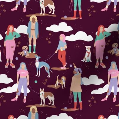Sunday is for extra long dog walks - cloudy day dogs and puppies beagle golden retriever husky and whippet on leashes and collars animals stroll pink teal lilac on burgundy 