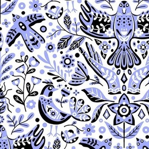 Scandinavian Birds and Flowers, Damask Design on Purple / Small Scale