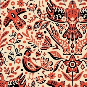Scandinavian Birds and Flowers, Damask Design on Red / Small Scale